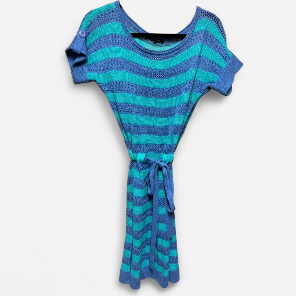 Nanette Lepore Open Knit Crochet Blue Striped Linen Dress